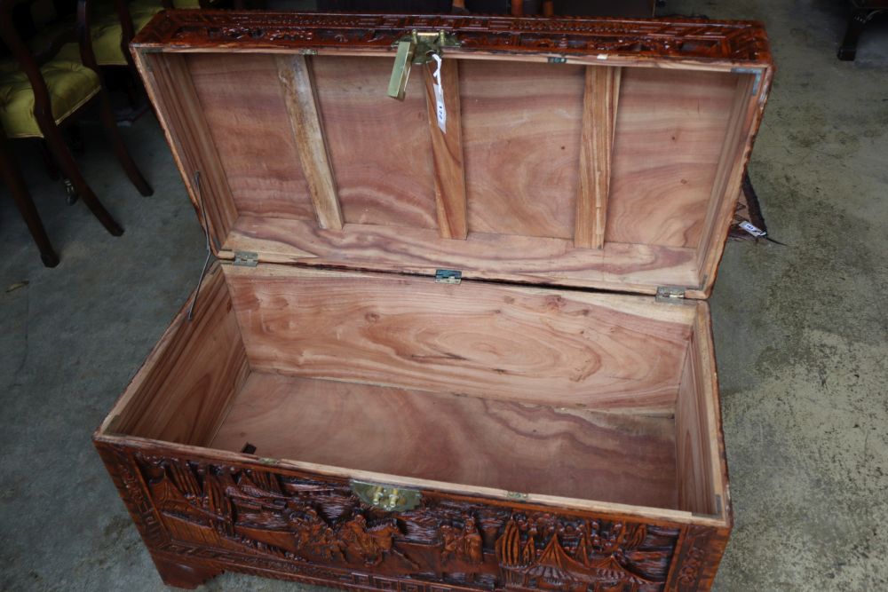 A Chinese carved camphorwood trunk, width 100cm depth 50cm height 58cm